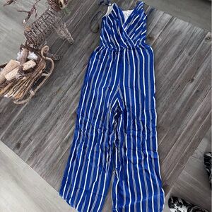 NWOT Francesca’s Mi Ami Blue and White Striped Women's Jumpsuit